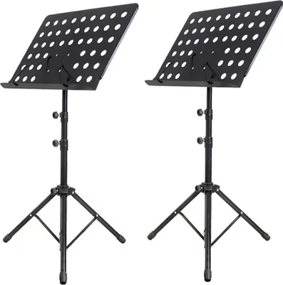 Produktbild von 2er Set Musikständer in Schwarz | 50 - 165cm höhenverstellbarer Notenständer | Flexibel Neigbare Notenblatthalterung | Orchesterpult - Notenstativ Metall | Notenpult Lochblech Stabil