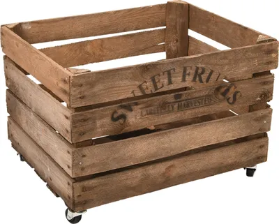 Obrázok produktu pre Esschert Design prepravka na jablká s kolieskami z dreva, 49,5 x 40 x 35,2 cm, nápis "SWEET FRUITS", úložný box, prepravka na ovocie do kuchyne