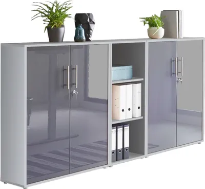 Produktbild von Aktenschrank TABOR 8 in lichtgrau / anthrazit Hochglanz, Schrankwand, Büroschrank, abschließbar, Metallgriffe