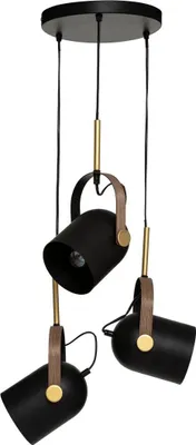 A black pendant light with three adjustable spotlights, each featuring a leather strap detail and gold accents, suspended from a black ceiling plate.