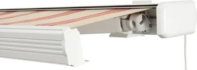 Produktbild von SOLUNA Kassettenmarkise Exquisit 5x3,5 Stoff Dessin 8430 Gestell RAL 9010 reinweiß Antrieb rechts inkl. Motor und Wandsc