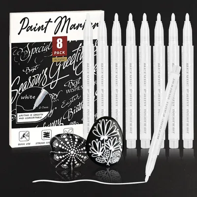 Zdjęcie produktu dla Biały marker, zestaw 8 sztuk, końcówka o grubości 0,7 mm, marker permanentny na bazie akrylu, do użytku na papierze, drewnie i szkle