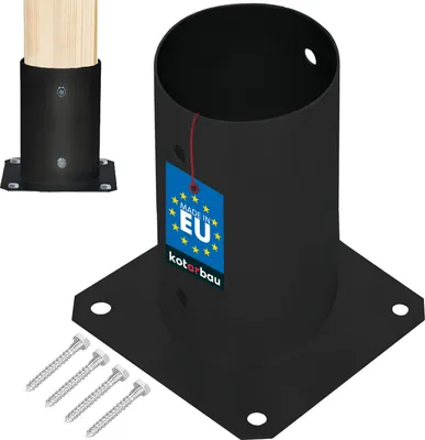 A black metal post anchor with a wooden post inserted into it, shown with screws.