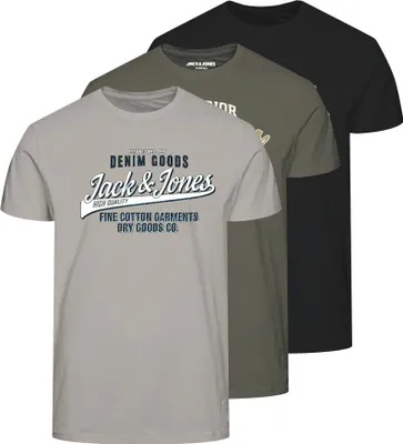 Produktbild von JACK&JONES Herren T-Shirt, 3er Pack - JJETHAN TEE CREW NECK, Vintage Logo, Baumwolle Schwarz/Grün/Grau L