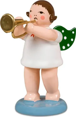 Productafbeelding van Houten engelbeeldje met cornet en kroon, hoogte 6 cm, nieuw