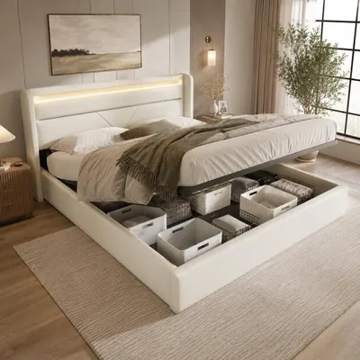 Productafbeelding van Opbergbed 160 x 200 cm, gestoffeerd bed met LED-verlichting, hydraulische opbergruimte, lattenbodem, afstandsbediening, Polyurethanbekleding, middensteunen, 660 lbs, wit