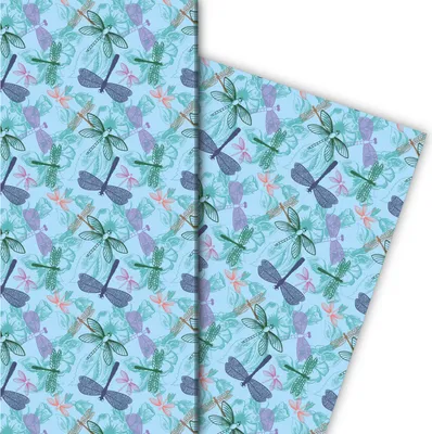 Produktbild von Sommerliches Blumen Geschenkpapier mit Libellen, hellblau - G10081, 32 x 48cm