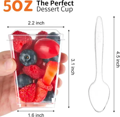 Imagen del producto de Vasos transparentes para postres, paquete de 40 unidades, con tapa y cuchara, reutilizables, ideales para servir postres
