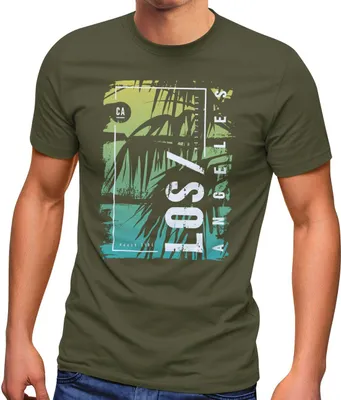 Produktbild von Herren T-Shirt Los Angeles LA Ocean Side Sommer Palmen Aufdruck Print Schrift Bedruckt Fashion Streetstyle Neverless® army XXL