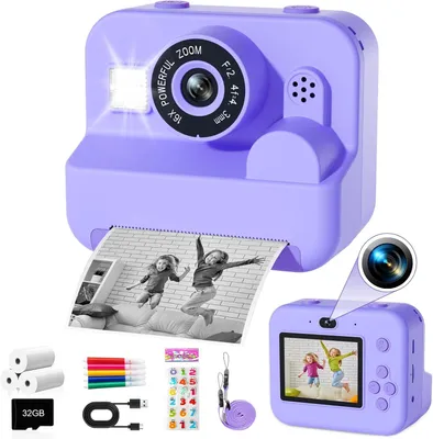 Produktbild von Kinderkamera, Sofortbildkamera Kinder, 1080P 2,4 Zoll Bildschirm Digitalkamera mit Druckpapier & 32GB TF Karte, Kinderkamera Sofortdruck, Lila