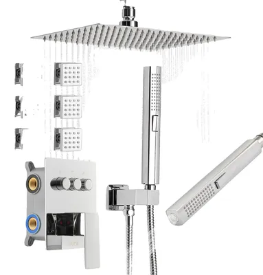 Produktbild von VEVOR Duscharmatur Set, 254 mm Deckenmontage Regenbrause-System mit 6 Körperdüsen und 2-in-1 Handbrause, drehbares 3-Funktions Regenkopf-System Set, komplettes Messingventil und Trim-Kit, Chrom, 10 Zoll, Verchromt