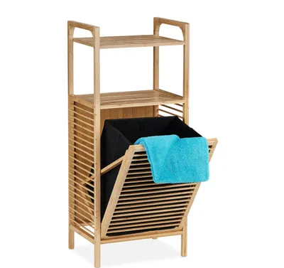 Produktbild von Relaxdays Badregal mit Wäschekorb, 2 Ablagen, HBT: 95 x 40 x 30 cm, Wäschesammler kippbar, Bambus, Stoff, natur/schwarz