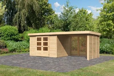 Produktbild von Karibu Gartenhaus Gerätehaus Askola 5 im Set mit Anbaudach 2,80 m Breite und Feuerholzoption naturbelassen 557x246x211 cm