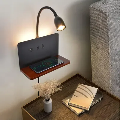 Obrázok produktu pre LED lampička na posteľ, nástenná lampa s 15W, s bezdrôtovou nabíjačkou, USB-C a USB-A portom