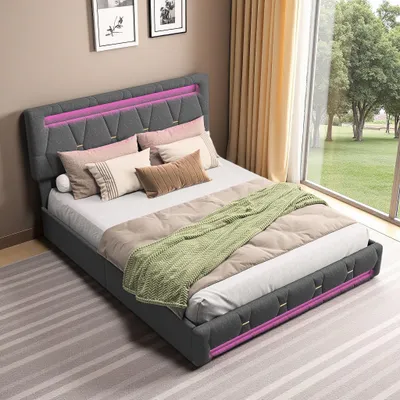Imagen del producto de Cama doble acolchada de 140 x 200 cm con espacio de almacenamiento, tapizada en lino gris, con 4 cajones, cabecero LED multicolor y cargador europeo