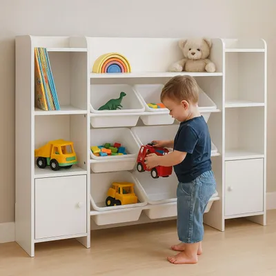 Produktbild von Kinderaufbewahrungseinheit mit 8 Boxen, weißem Spielzeug- und Bücherregal