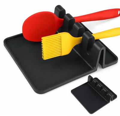 Productafbeelding van Siliconen lepelhouder - Hittebestendig accessoirehouder voor de keuken - 2 stuks - Zwart