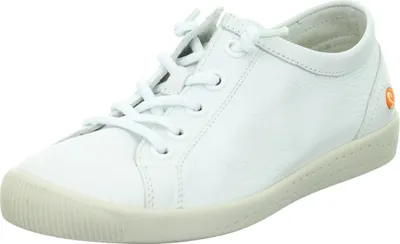 A white leather sneaker is shown from a side angle against a white background.