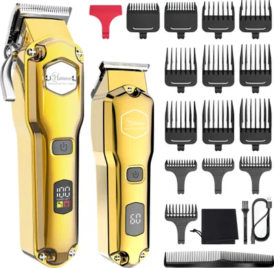 Hatteker Haarschneidemaschine Kit für Herren Bartschneider IPX7 Wasserdichte Haarschneider T-Klinge Professioneller USB Wiederaufladbar(GOLD)