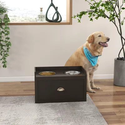 Image de Mangeoire surélevée pour chien avec tiroir de 21 L, 2 gamelles en acier inoxydable lavables au lave-vaisselle, MDF, marron | 60 x 30 x 36 cm | 2 x 2 L | 10 kg