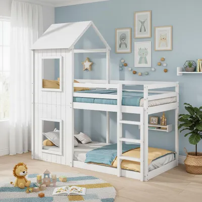 A child's bedroom with a white bunk bed shaped like a house, decorated with children's artwork and toys.