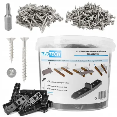 Image de TEVOTECH Système de fixation invisible pour terrasses, vis en acier inoxydable A2 incluses, kit de 601 pièces pour environ 3,3 à 3,75 m²