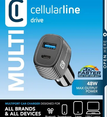 Immagine prodotto di Cellularline Car Multipower Ultra - iPhone, Samsung, Xiaomi, Oppo and other Smartphones and Tablets Caricabatterie da auto veloce con porta USB e porta USB-C