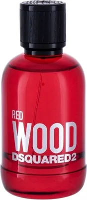 A studio shot of a red perfume bottle with a black cap.