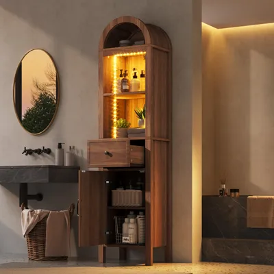 Produktbild von Merax Badezimmerschrank mit LED, Badschrank Hochschrank mit verstellbaren Böden, Kommode mit Schublade aus MDF, Soft-Close, bogenförmig, Walnussfarbe