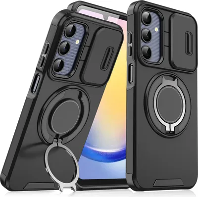 Immagine prodotto di Custodia a doppio strato per Samsung Galaxy A25, con copertura scorrevole per la fotocamera e supporto ad anello magnetico Nero