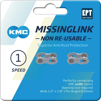 Zdjęcie produktu dla KMC Missinglink 1/2' x 1/8' 101 NR EPT, do łańcuchów e101, szeroki, srebrny, srebrny (opakowanie 2 szt.)