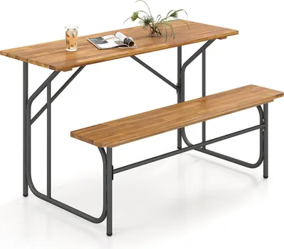 Produktbild von COSTWAY Balkontisch mit Bank, Gartenmöbel, Balkonmöbel, Balkonset Sitzgarnitur mit Akazienholzplatte & Metallbeinen, Sitzgruppe für 2 Personen
