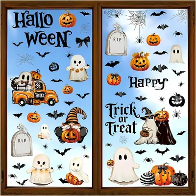 Productafbeelding van 9 Stuks Halloween raamsticker, Halloweendecoratie met pompoengeesten voor huisdecoratie, raamstickers, laat geen residu achter