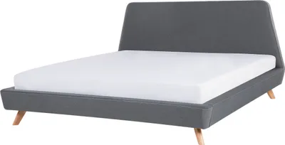 Obrázok produktu pre BELIANI Čalúnená posteľ sivá 180 x 200 cm s lamelovým roštom vysoké čelo svetlé drevené nohy retro dizajn