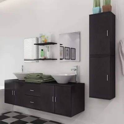 A modern bathroom vanity with two sinks and a tall cabinet.