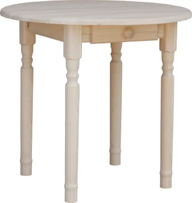 A light wood round dining table with four legs, shown from a front-facing angle against a white background.