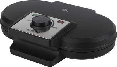 A black Severin waffle maker is shown from a diagonal angle against a white background.