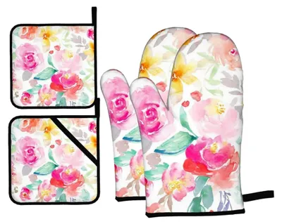 Produktbild von 4 Stück gelbe Ofenhandschuhe und Topflappen-Set, rutschfeste Koch- und Küchenhandschuhe, waschbar, hitzebeständig für Mikrowelle, Grillen und Backen