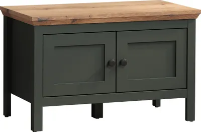 A dark green cabinet with a wooden top sits on a white background.