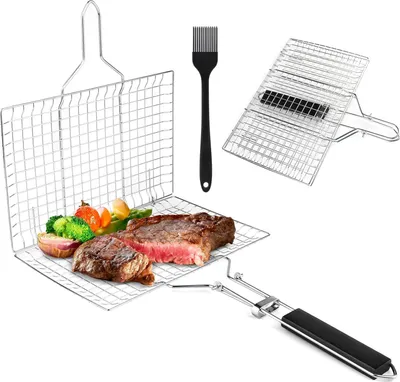 Produktbild von Fisch-Grillkorb, faltbar, tragbarer Edelstahl-Grillkorb für Fischgemüse, Garnelen mit abnehmbarem Griff, mit Backpinsel