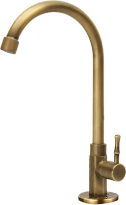 A brass-colored kitchen faucet on a white background.