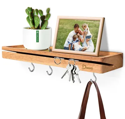 Image de Porte-clés avec tablette et 4 crochets, en bois naturel.