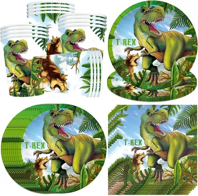 Imagen del producto de Vajilla de fiesta con temática de dinosaurios: 16 platos de 7 pulgadas, 16 vasos, 20 servilletas, ideal para fiestas de cumpleaños infantiles