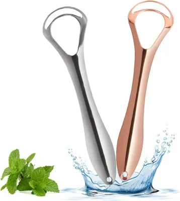 Image de Set de gratte-langue Acier inoxydable Cure-langue Hygiène buccale Aide à combattre la mauvaise haleine Haleine fraîche Lot de 2