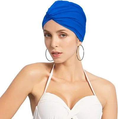 Imagen del producto de Gorro de natación Damen, de nylon elástico, con protección para las orejas, diseño retro, color azul, ideal para el verano y la natación