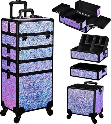 Produktbild von Kosmetikkoffer Trolley 4-in-1 Kosmetikkoffer Groß Kosmetik Trolley Make up Koffer Schminkkoffer , Rollen Friseurkoffer Alu Beauty Case Nagelkoffer Multikoffer, Leuchtendes Violett