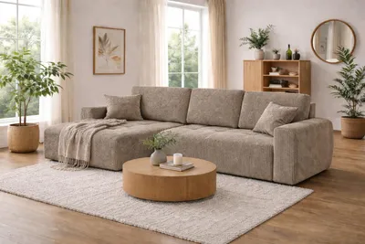 Produktbild von Kaiser Möbel Ecksofa mit Schlaffunktion und  Bettkasten L-Form Ivo XL, Cordstoff Poso, Dunkelbeige, Links