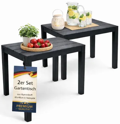 Produktbild von 2er Set Garten Beistelltisch Anthrazit 60x39x45,5 cm Kunststoff Holzoptik Wetterfest Balkontisch Outdoor Terrasse Camping Stabil