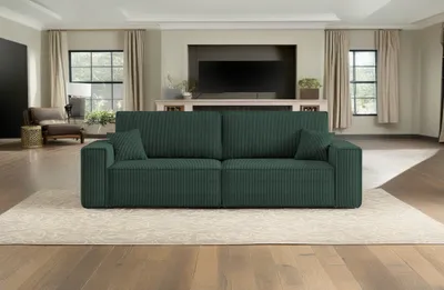 A green sofa is placed in a living room setting with a TV and curtains in the background.