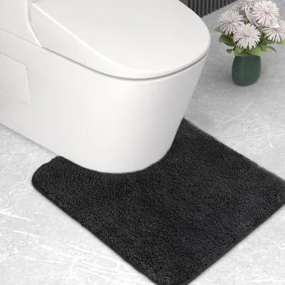 Image de Tapis de bain en microfibre, tapis de WC, tapis de bain extra-épais de 2 cm, tapis de salle de bain ultra-absorbant 50 x 50 cm, en forme de U, noir